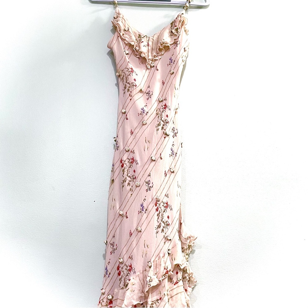 Vintage ICE Pink Silk Floral Rosette Asymmetrical Ruffle Maxi Dress Women’s 4